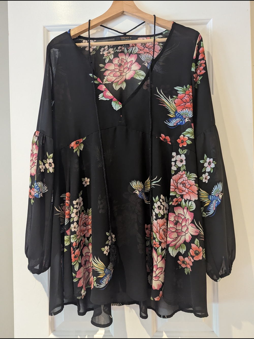 Dark Floral Babydoll Mini Dress Sheer Blouse Boho Whimsigoth Fairycore S/M/L - Picture 3 of 16